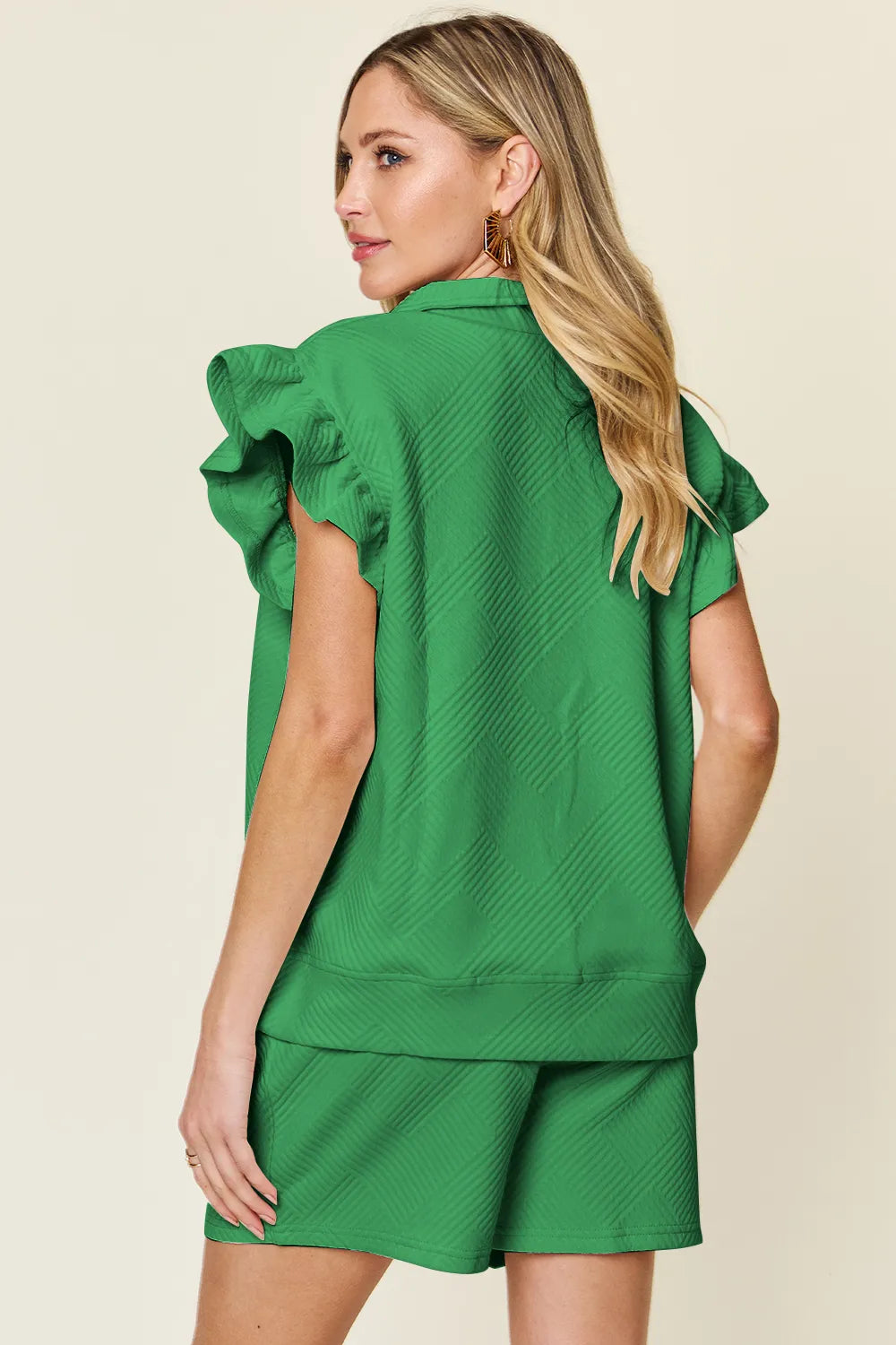 Black Double Take Full Size Texture Flounce Sleeve Top And Drawstring Shorts Set
