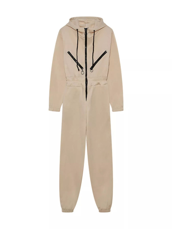 Khaki Hooded Zip Up Long Sleeve Jumpsuit