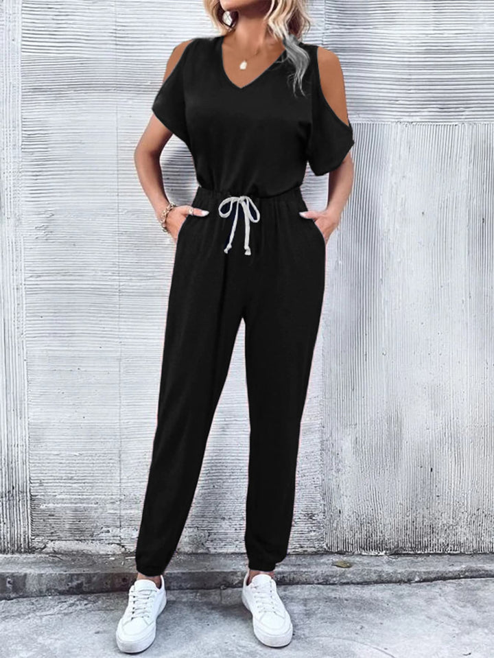 Black V Neck Cold Shoulder Jumpsuit With Pockets