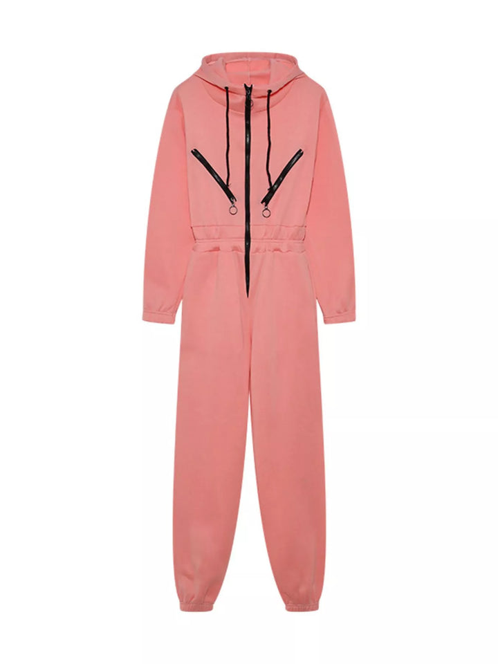 Leather Pink Hooded Zip Up Long Sleeve Jumpsuit