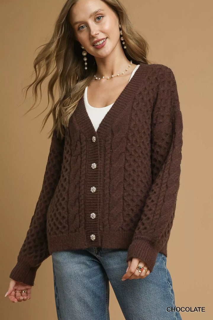 Chocolate Umgee Cable Knit Pearl Button Cardigan 2