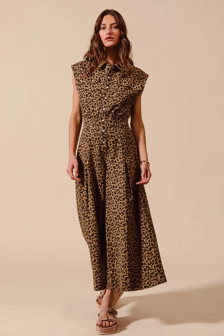 Leopard So Me Wide Leg Leopard Twill Overalls Jumpsuit With Tuck