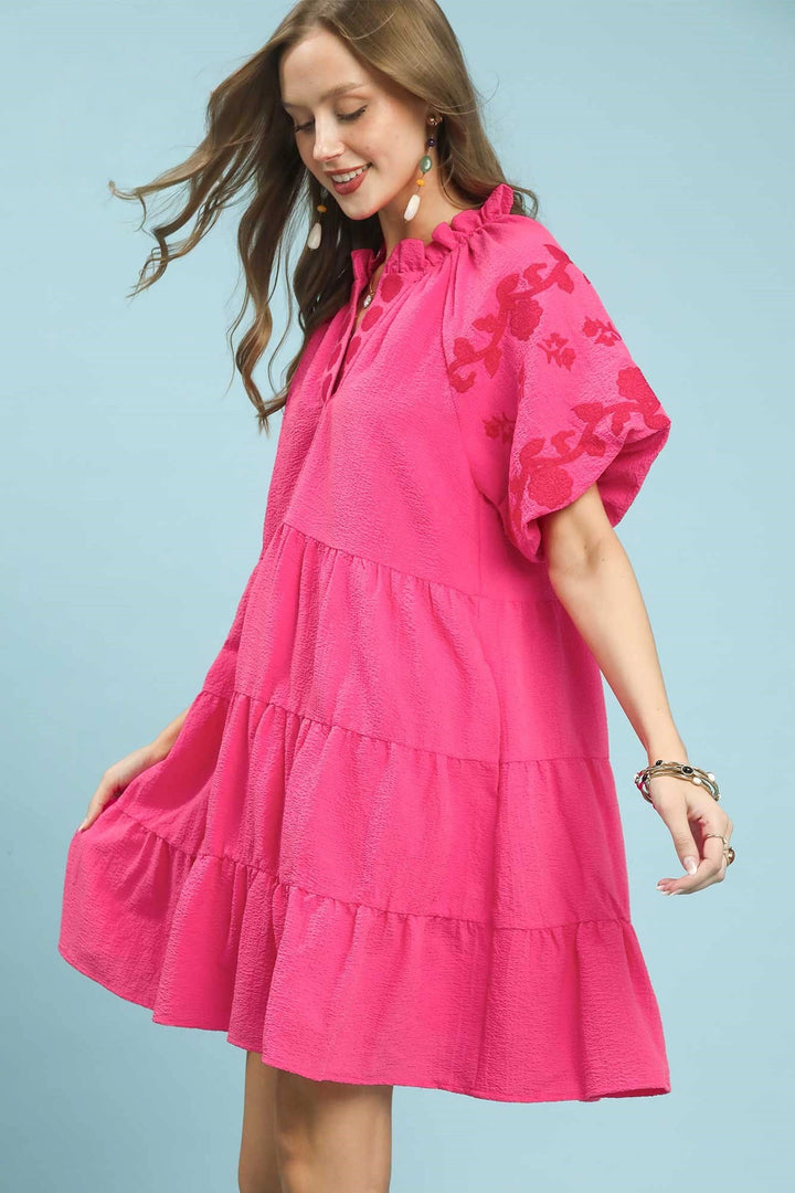 Peony Umgee Embroidered Tiered Puff Sleeve Mini Dress