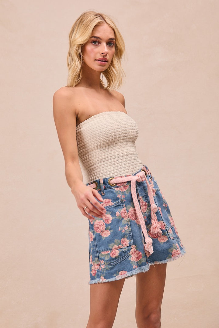 Bibi Braided Waist Belt Patch Pockets Floral Print Denim Shorts