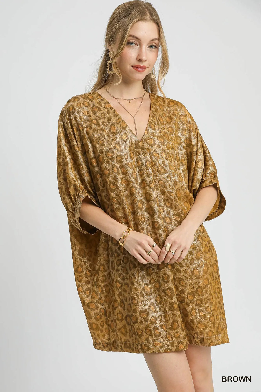 Brown Umgee Metallic Leopard Print V Neck Kimono Dress