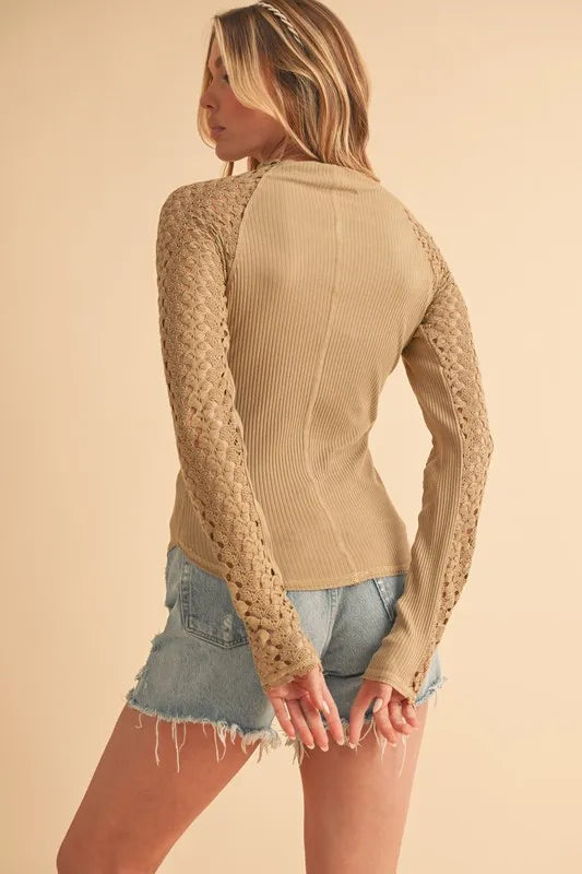 Aemi Co Mock Neck Ribbed Knit Top With Crochet Sleeve