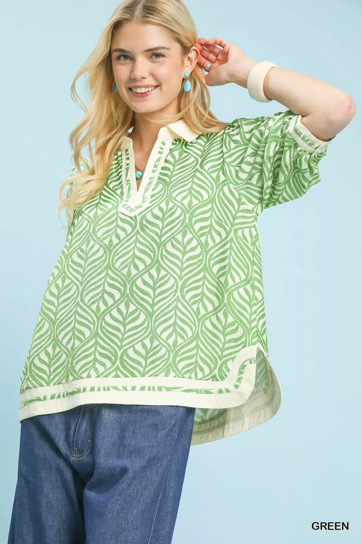Green Umgee Geometric Leaf Print Popover Top 1
