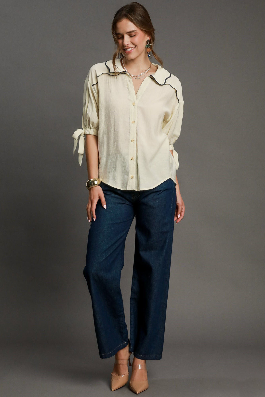 ECRU Umgee Full Size Embroidered Detail Button Down Shirt Plus Size