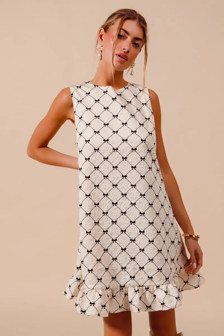Ivory So Me Texture Bow Printed Mini Ruffle Dress