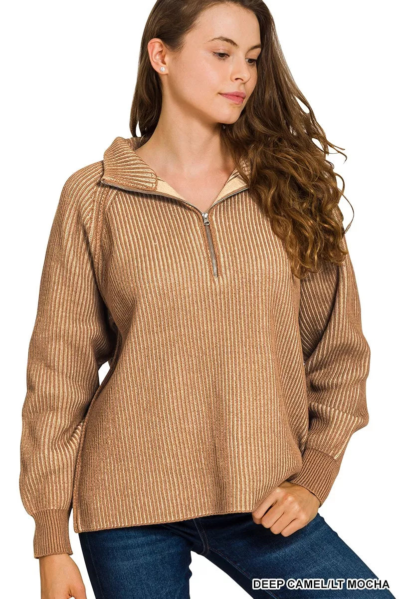 Deep Camel/Lt Mocha Zenana Ribbed Two Tone Half Zip Sweater