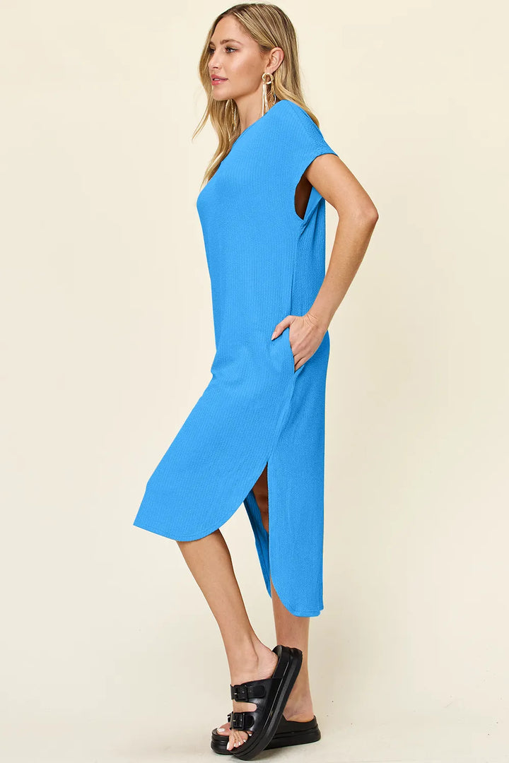 Sky Blue Double Take Full Size Round Neck Short Sleeve Slit Dress