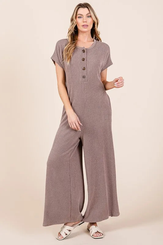 Mocha Bombom Rib Knit Jumpsuit With Button Detail 1