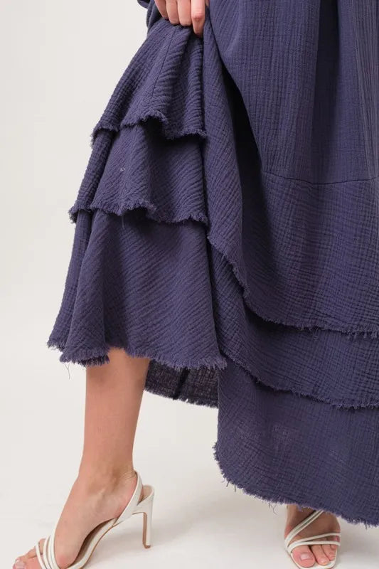 Navy And The Why Washed Cotton Gauze Fringe Detail Tiered Dress
