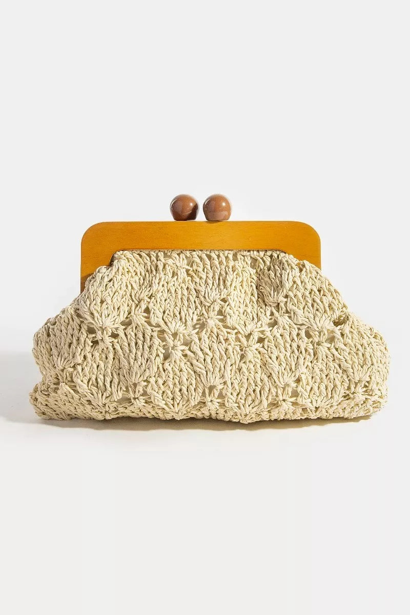 Fame Straw Braided Wooden Frame Clutch Bag