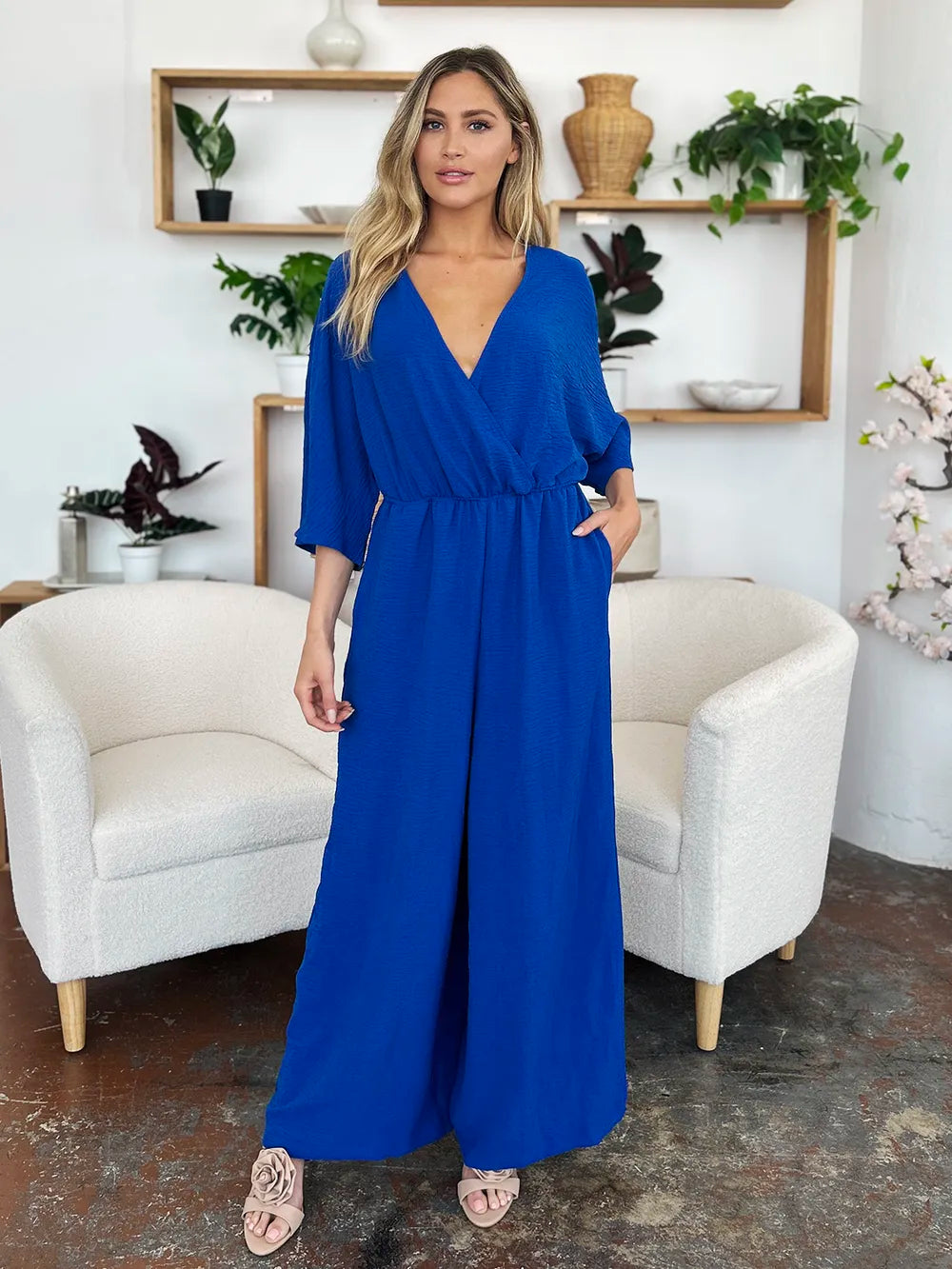 Mid Green Double Take Full Size Surplice Wide Leg Jumpsuit With Pockets