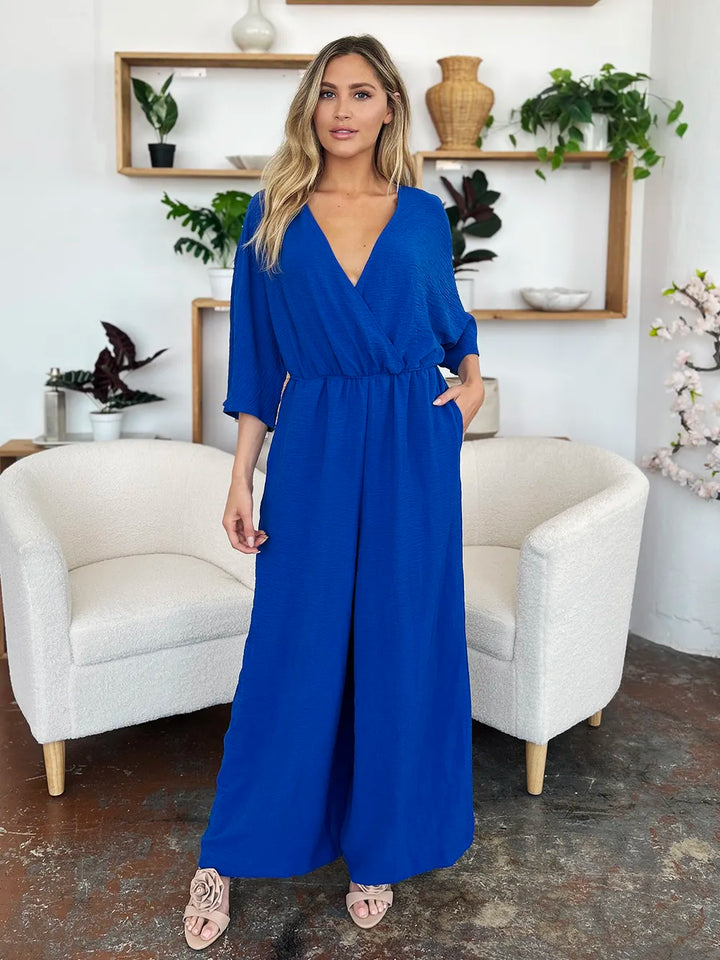 Mid Green Double Take Full Size Surplice Wide Leg Jumpsuit With Pockets