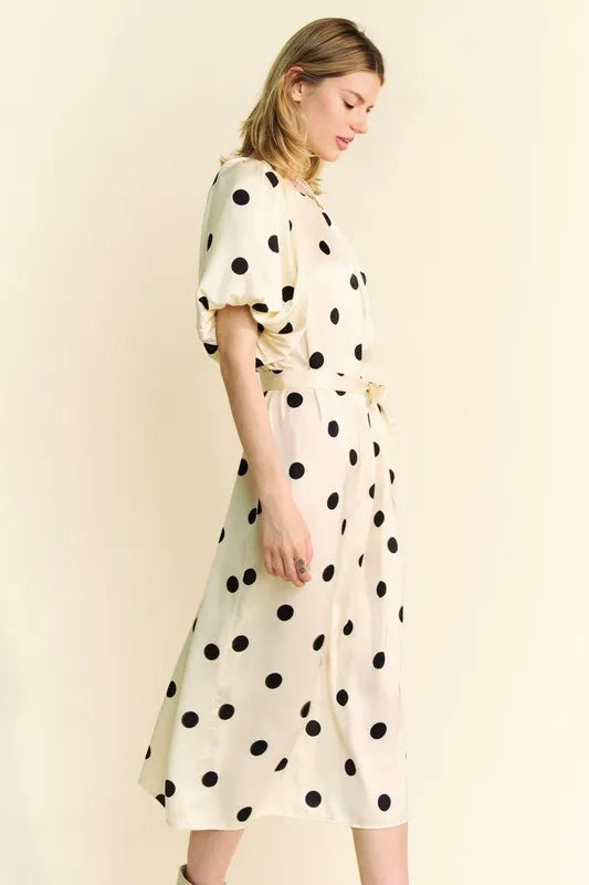 Davi Dani Polka Dot Puff Sleeves Waist Tie Midi Dress