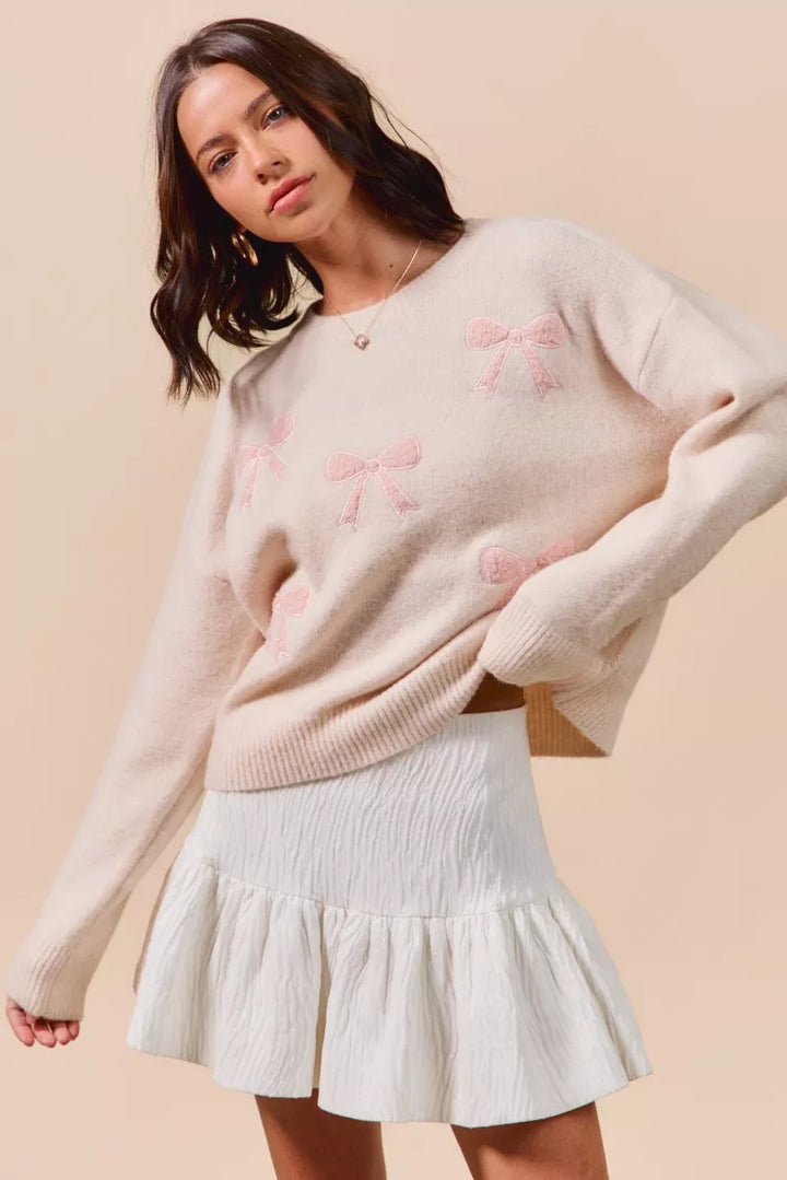 So Me Embroidered Ribbon Round Neck Sweater
