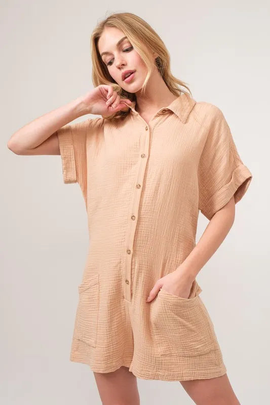 Beige And The Why Washed Gauze Roll Up Sleeve Comfort Utility Romper