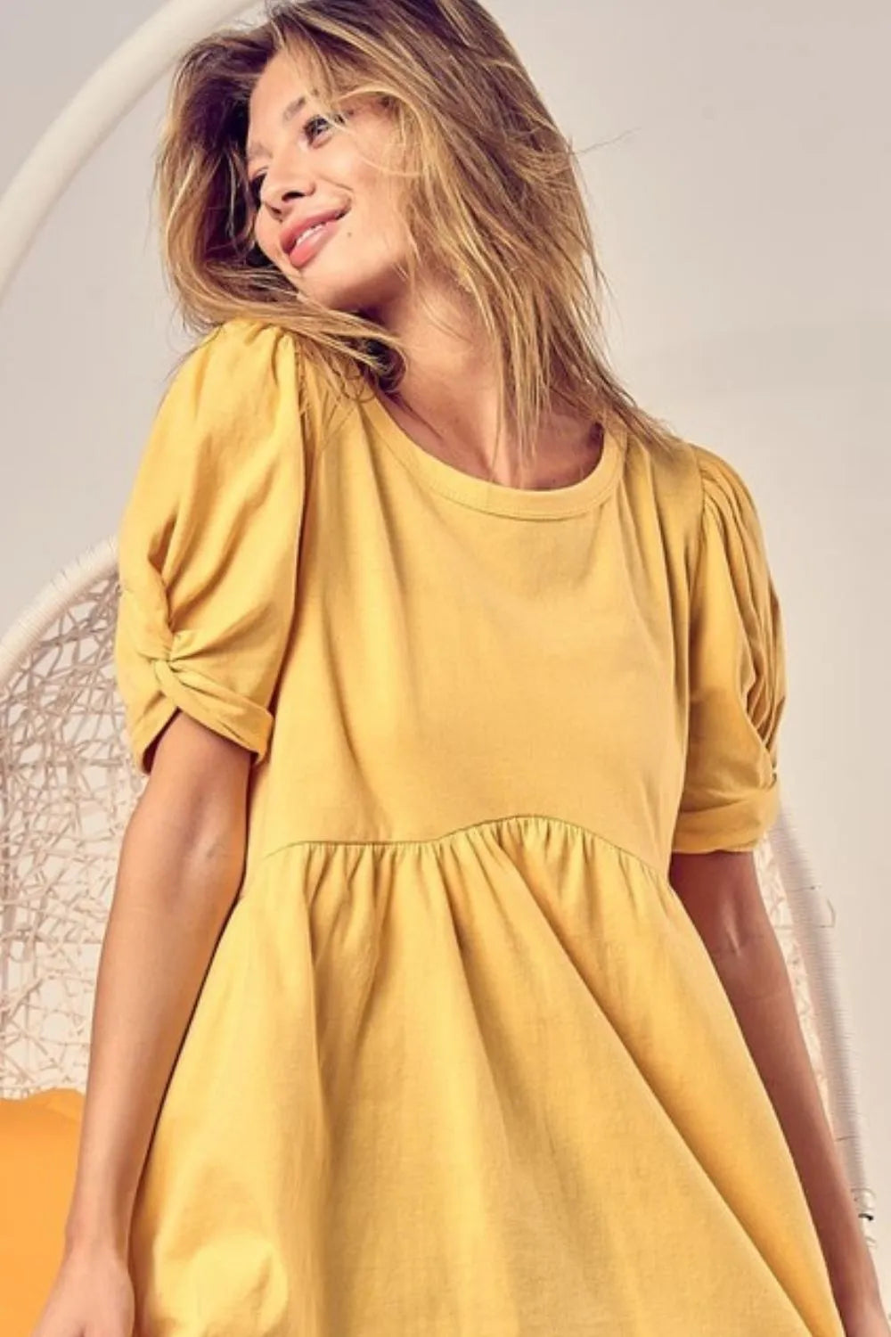 Banana Bibi Cotton Span Knit With Puff Sleeve Baby Doll Top