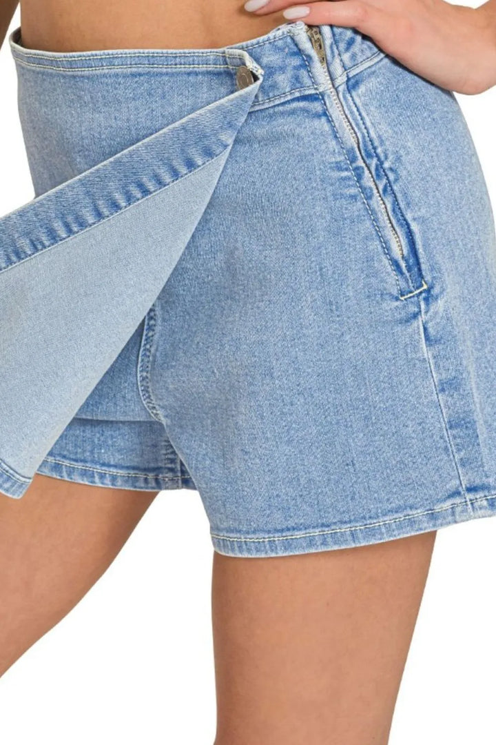 Light Zenana Wrap Front Skort Denim Shorts