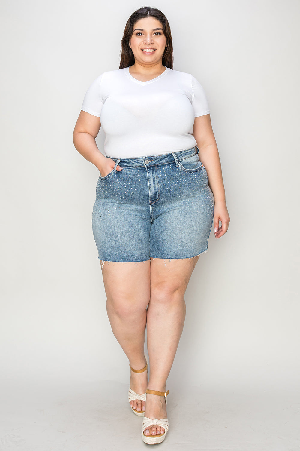 Light Judy Blue Full Size High Waist Rhinestone Decor Denim Shorts
