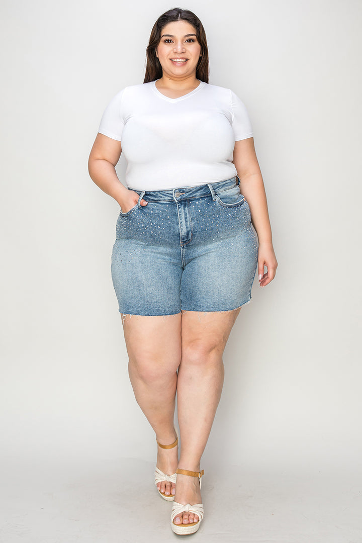 Light Judy Blue Full Size High Waist Rhinestone Decor Denim Shorts