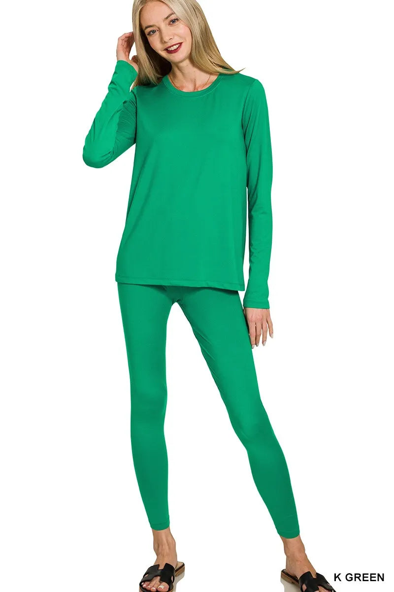 K Green Zenana Microfiber Round Neck Top And Leggings Set 3