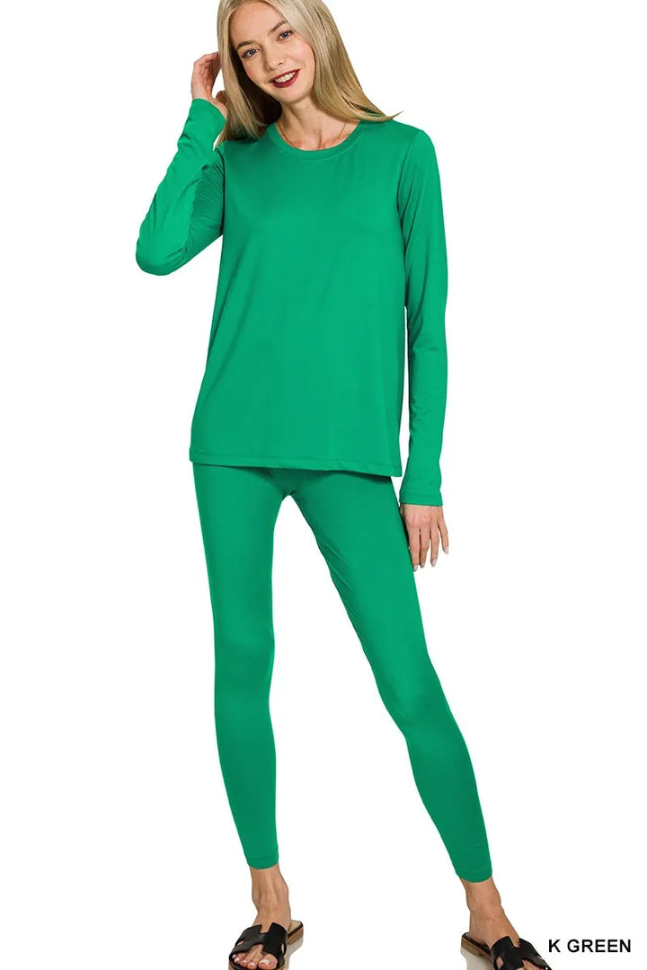 K Green Zenana Microfiber Round Neck Top And Leggings Set 3
