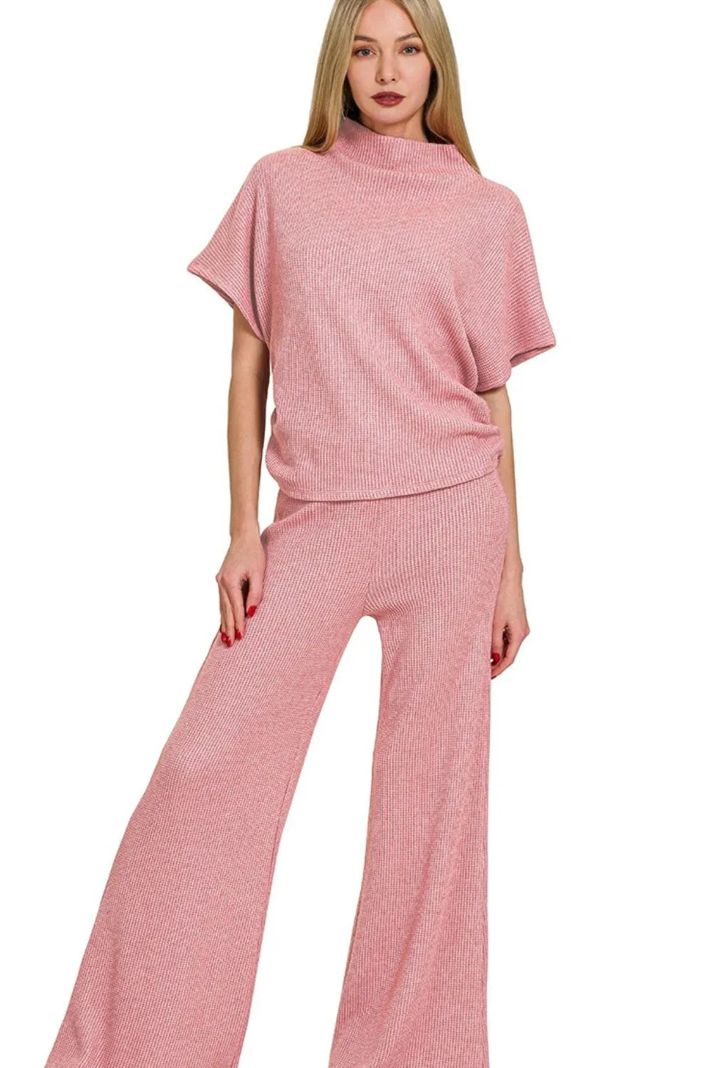 Lt Rose Zenana Sweater Mock Neck Top Long Pants Set