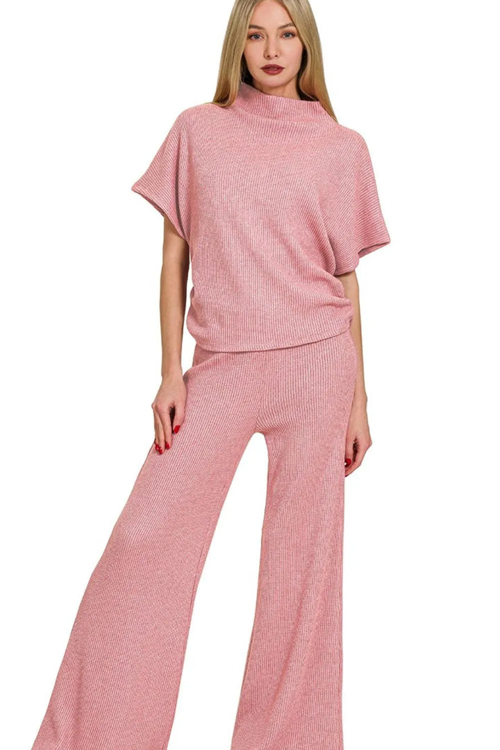 Lt Rose Zenana Sweater Mock Neck Top Long Pants Set