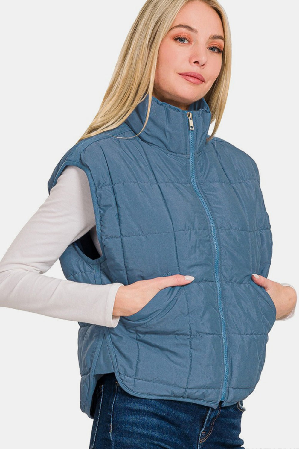 Dusty Blue Zenana Zip Up Cropped Puffer Vest With Pockets 2