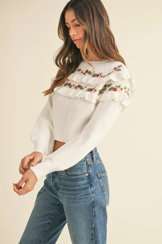 Off White Mable Floral Embroidered Ruffle Detail Sweater
