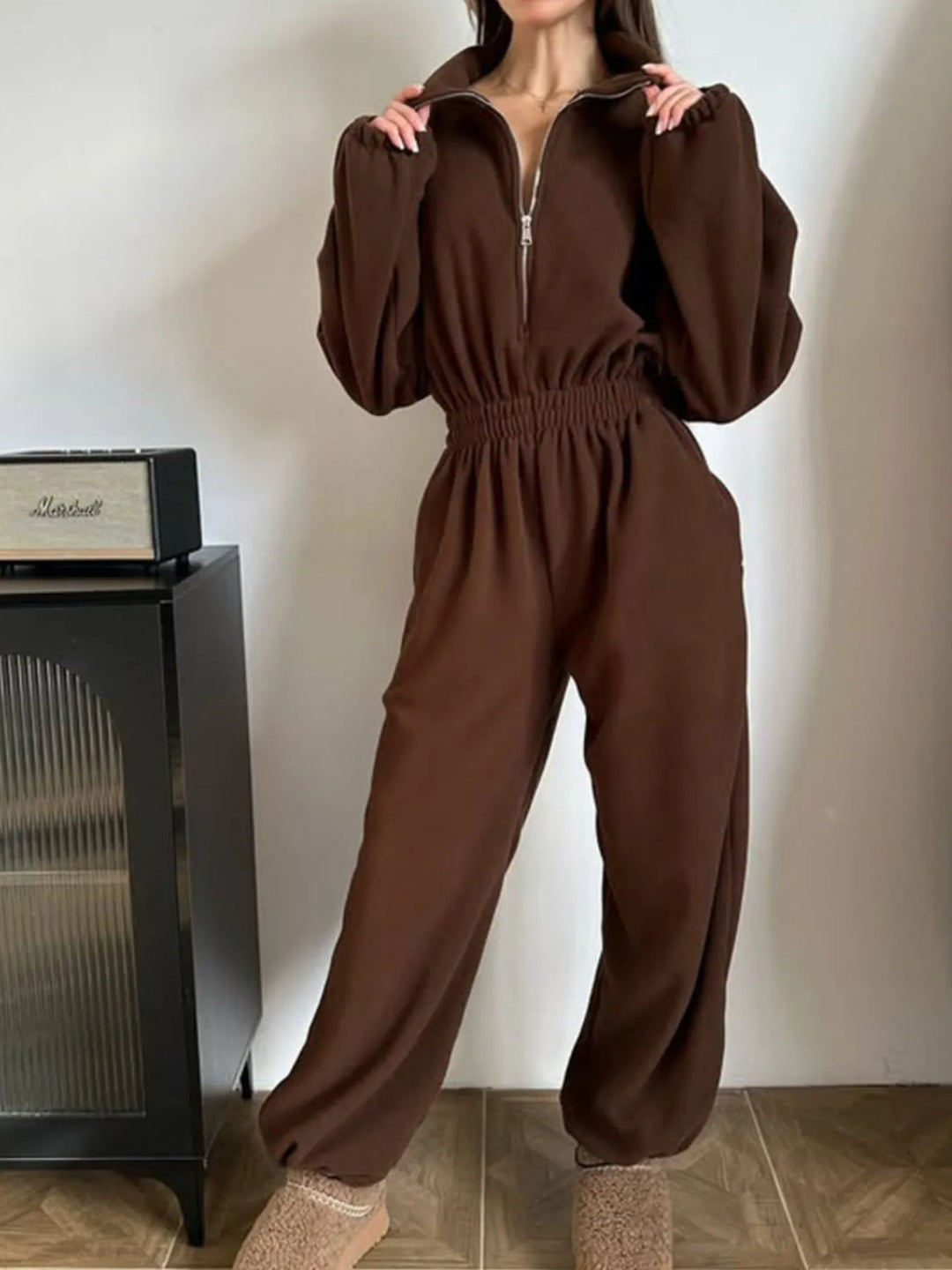 Brown Zip Front Long Sleeve Jumpsuit