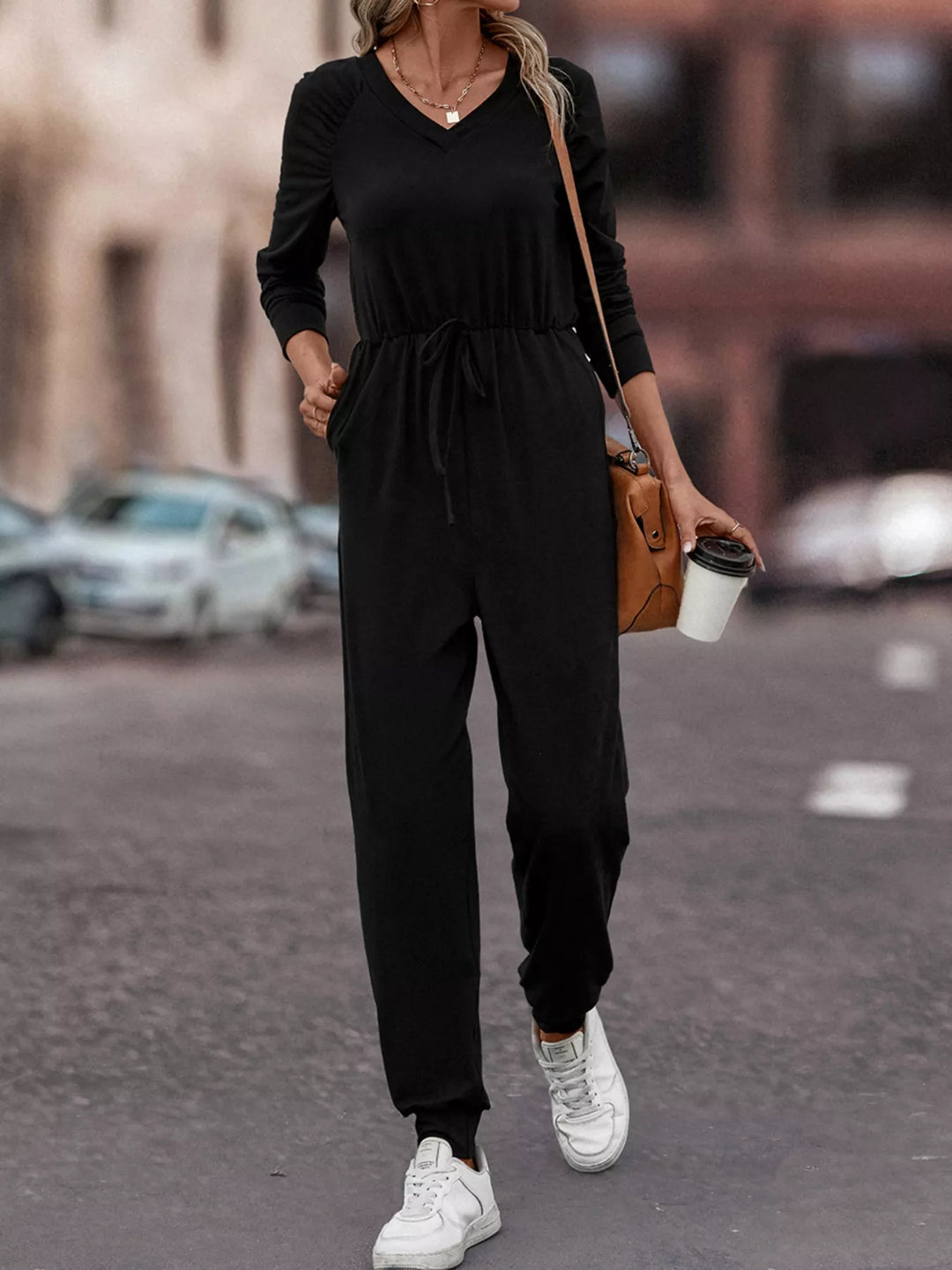 Black Casual Long Sleeve Drawstring Waist Jumpsuit
