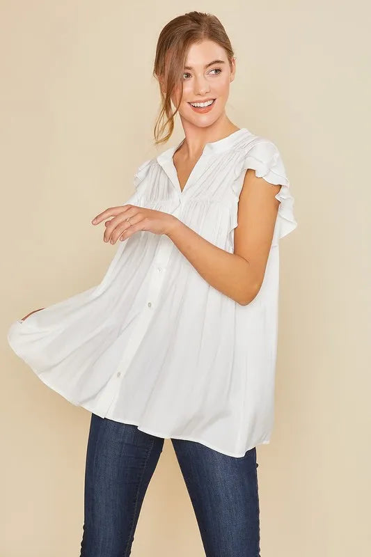 Annie Wear Ruffle Sleeve Shirred Flowy Woven Tunic Shirts 1