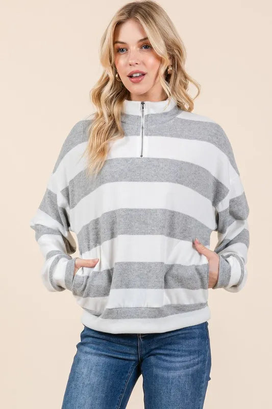 Light Gray Bombom Striped Quarter Zip Drop Shoulder Sweatshirt