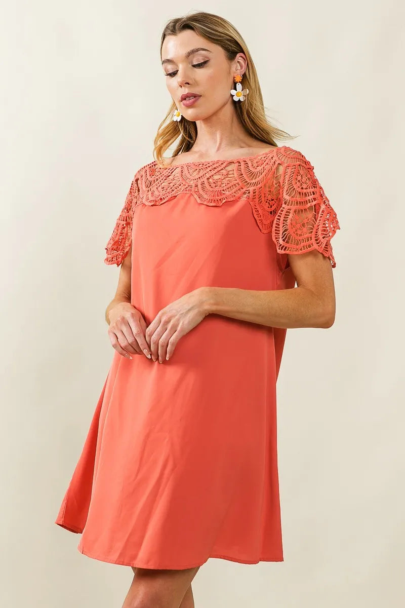 Bibi Crochet Lace Yoke Detailed Wrinkled Dress