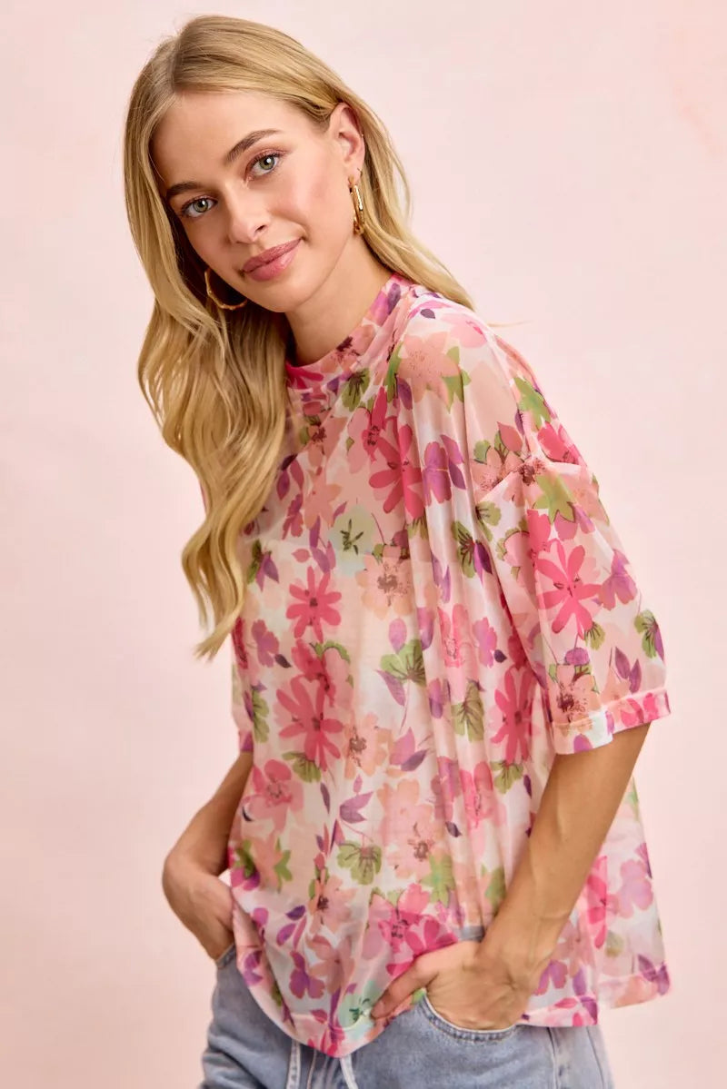 Pink Multi Bibi Floral Print Short Sleeves Boxy Mesh Top