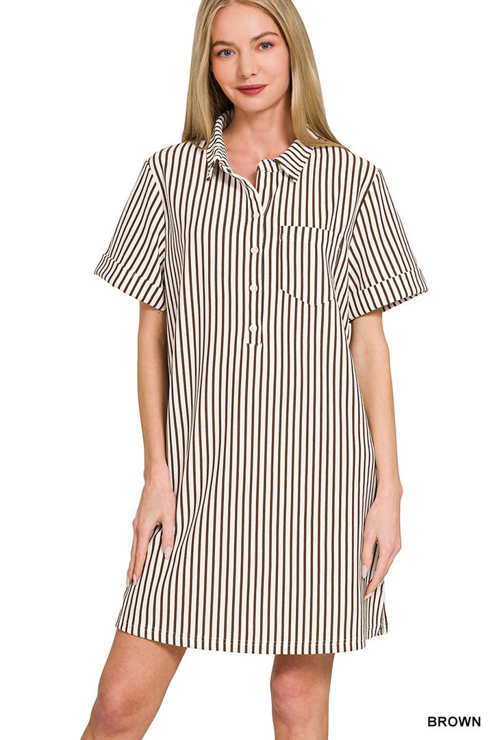Brown Zenana Stripe Collared Half Button Up T Shirts Dress 1