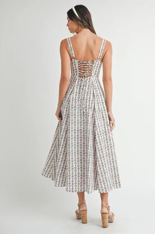 Cream Mable Floral Print Bustier Back Lace Up Midi Dress 1