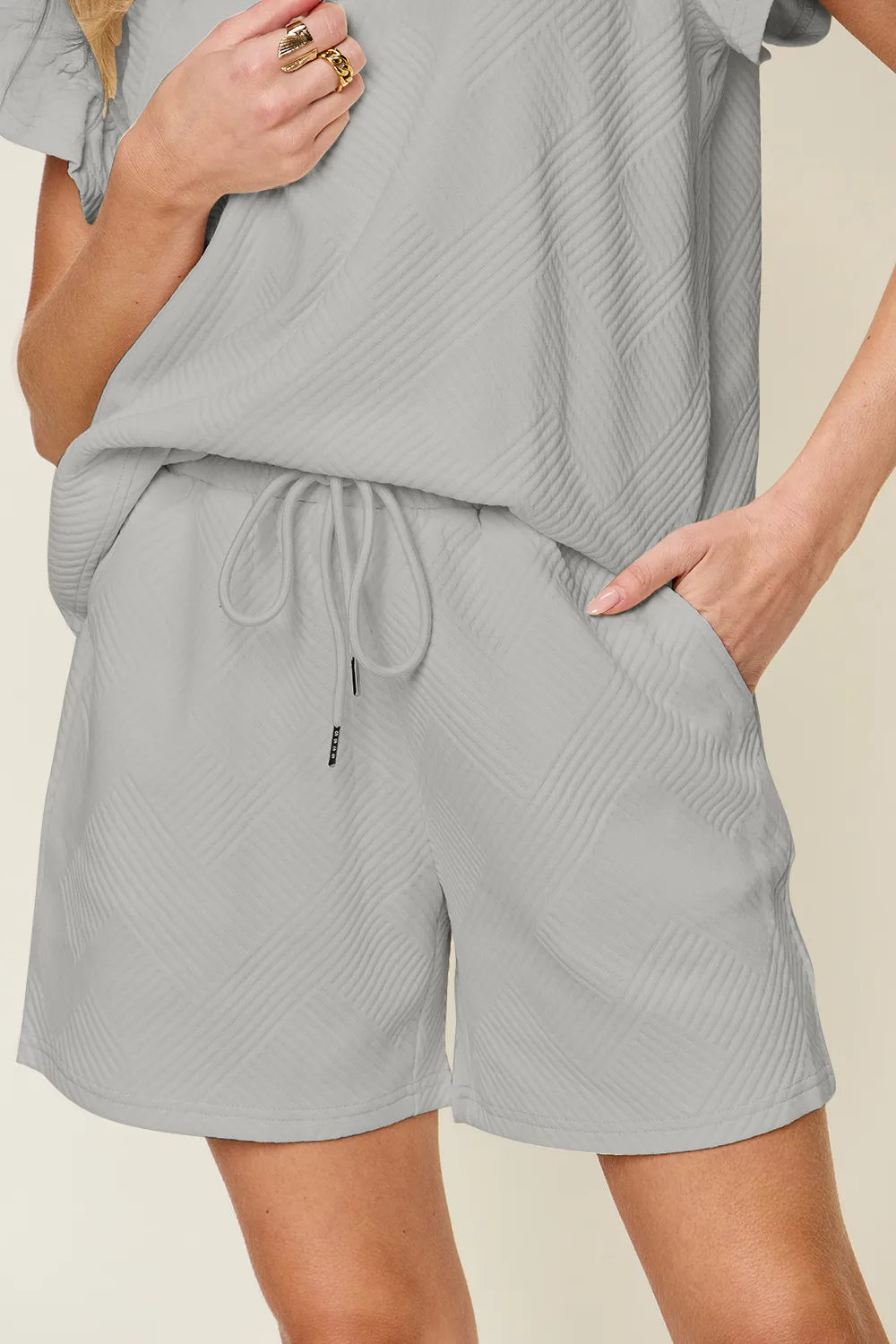 Aqua Double Take Full Size Texture Flounce Sleeve Top And Drawstring Shorts Set 1
