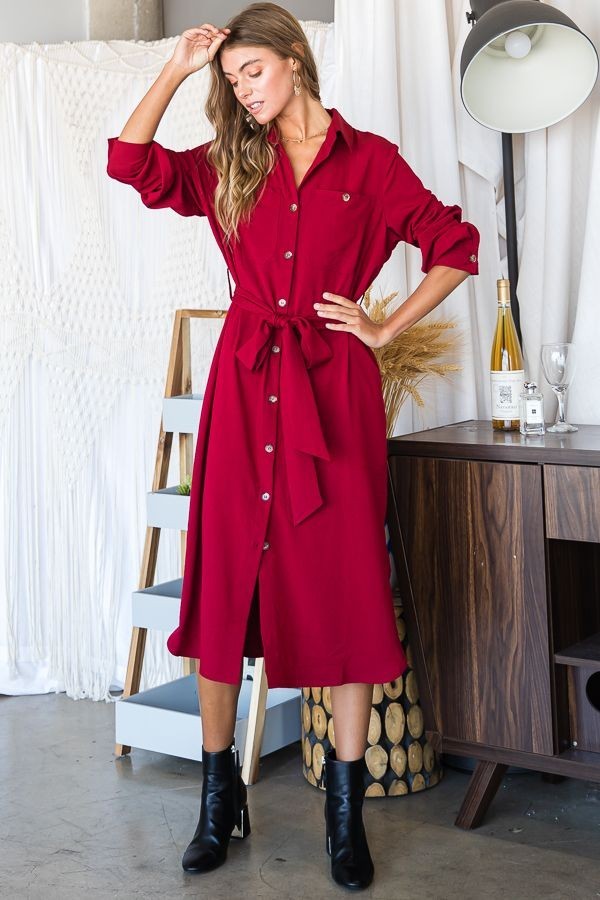 RED Button Down Shirt Long Dress Plus 30 545P