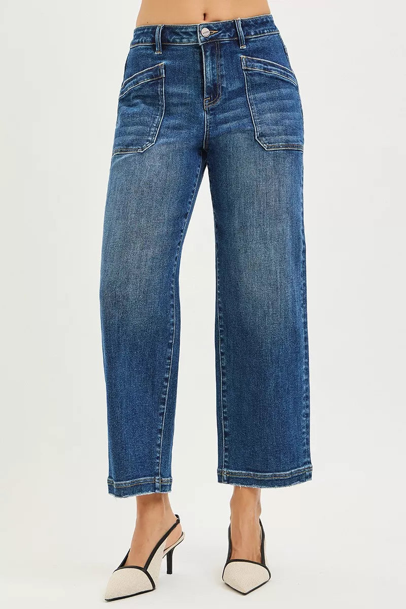 Dark Risen Slouchy Cropped Baggy Jeans With Front Patch Pocket