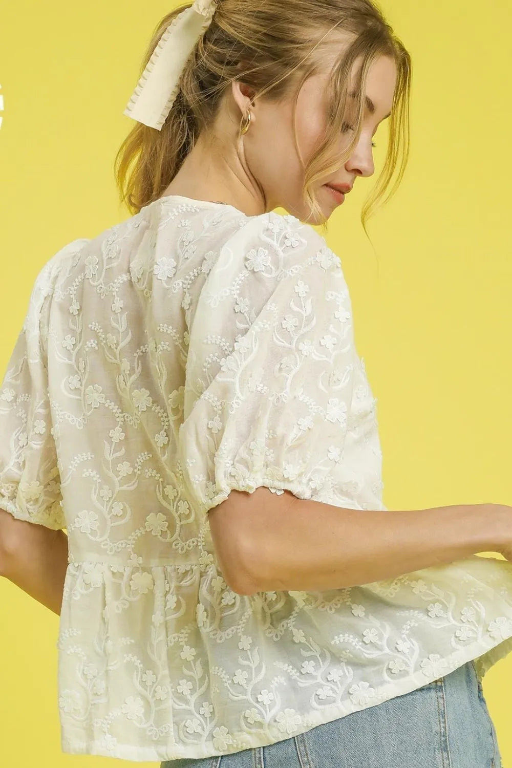 Cream Umgee Embroidered Tie Front Peplum Blouse