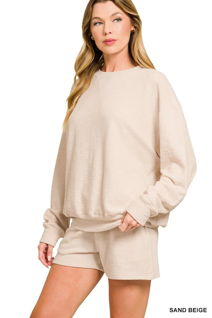 Sand Beige Zenana Slub Long Sleeve Top And Shorts Set 1