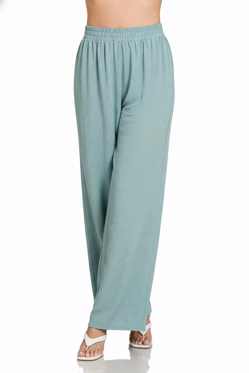 Blue Grey Zenana Woven Airflow Elastic Waistband Pants 2