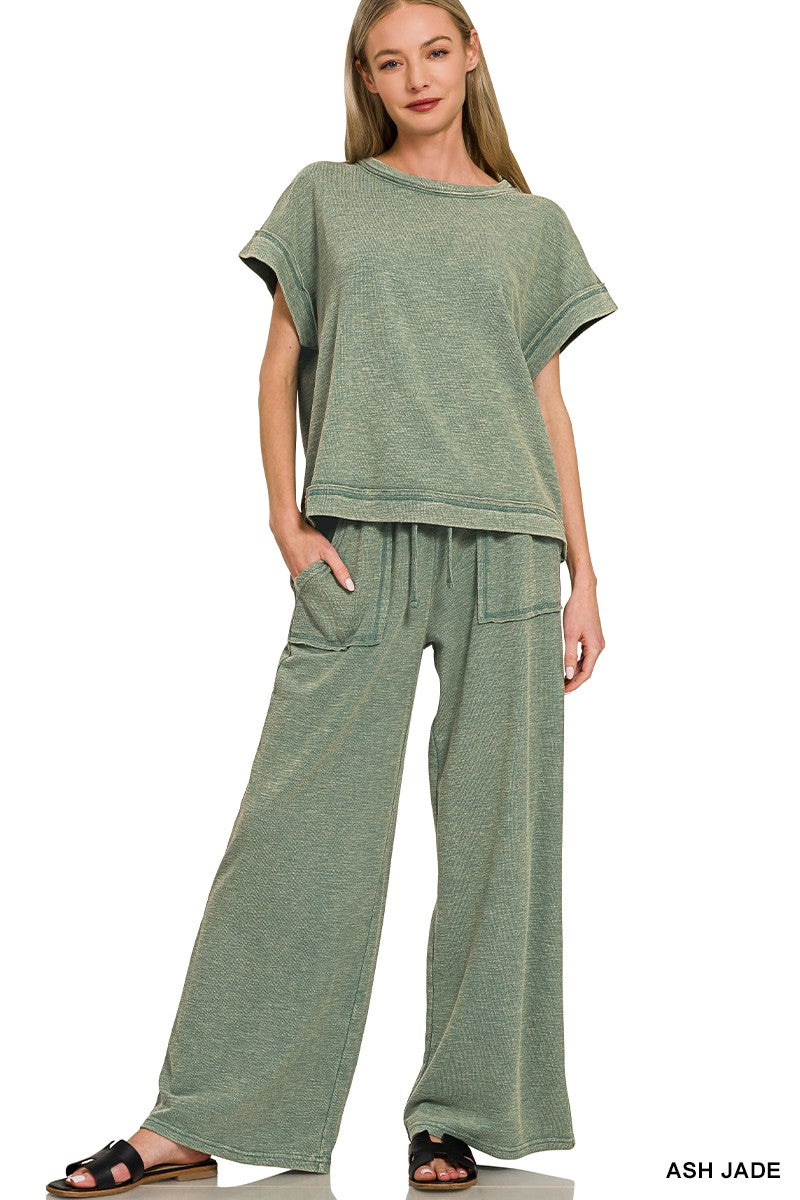 Ash Jade Zenana Washed Slub Short Sleeve Tee Long Pants Set 1
