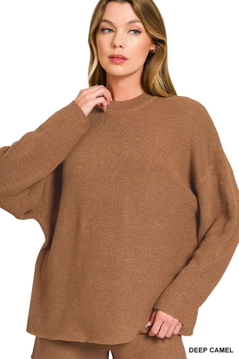 Deep Camel Zenana Round Neck Knit Top And Shorts Sweater Set 4