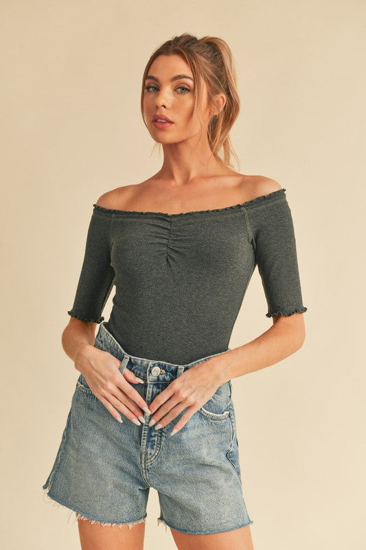 Charcoal Aemi Co Ruched Frill Off Shoulder Half Sleeve Knit Top
